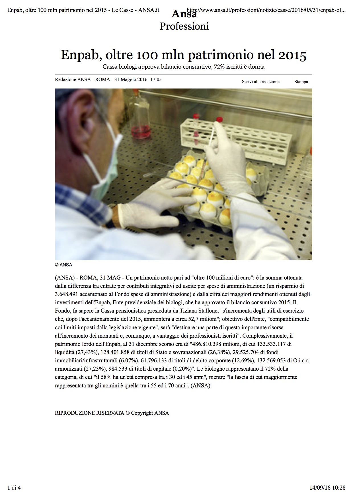 4.31 maggio Enpab oltre 100 mln patrimonio nel 2015 Le Casse ANSA